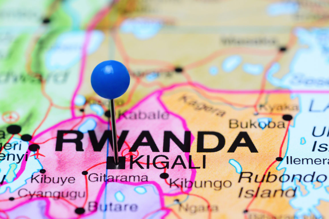 Map of Rwanda with a push pin pointing out Kigali