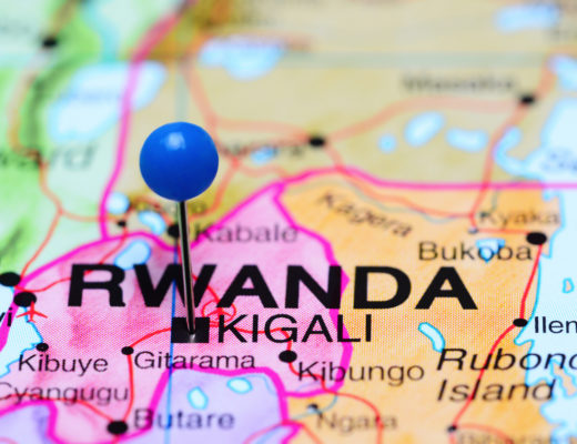 Map of Rwanda with a push pin pointing out Kigali