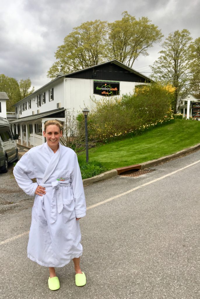 Merry in her bathrobe in the middle of the road by the Roxbury Motel in the Catskill Mountains