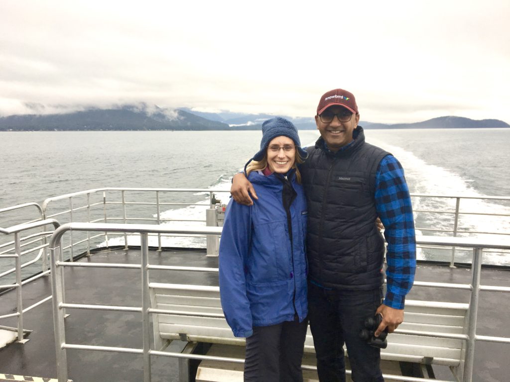 Merry Lerner and Prash on a catamaran in Juneau