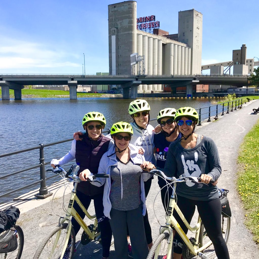 Merry Lerner biking with her girlfriends in Montreal