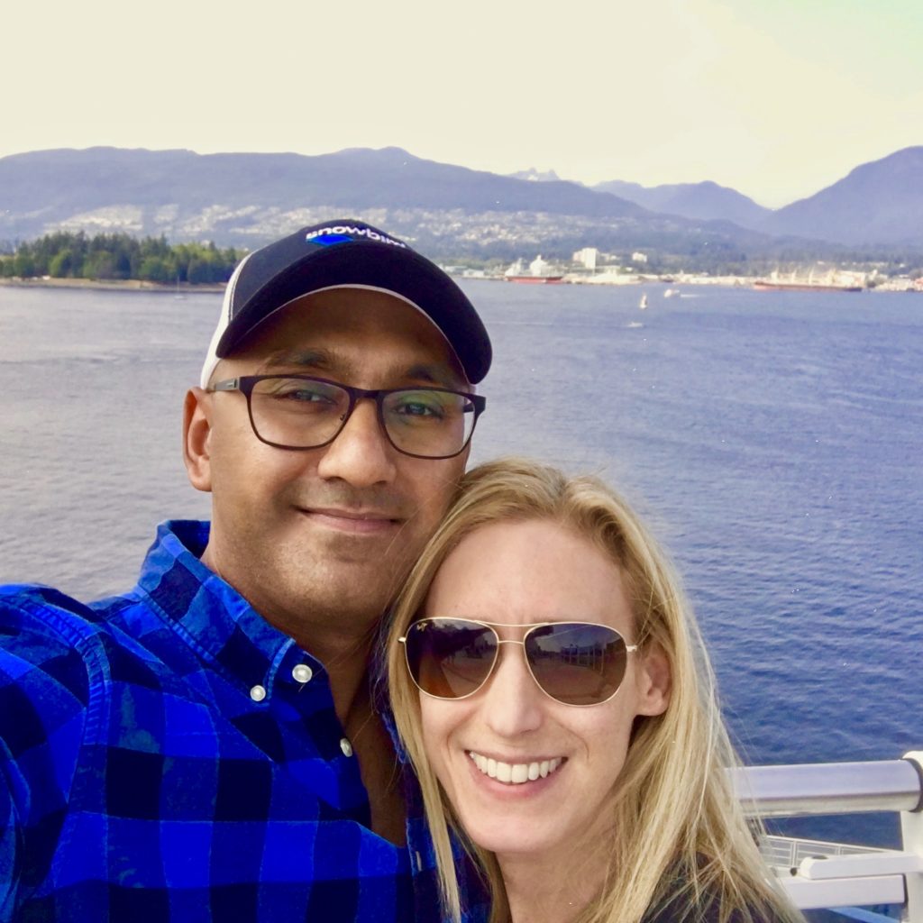 Merry Lerner and Prash on a cruise ship in Vancouver Harbor