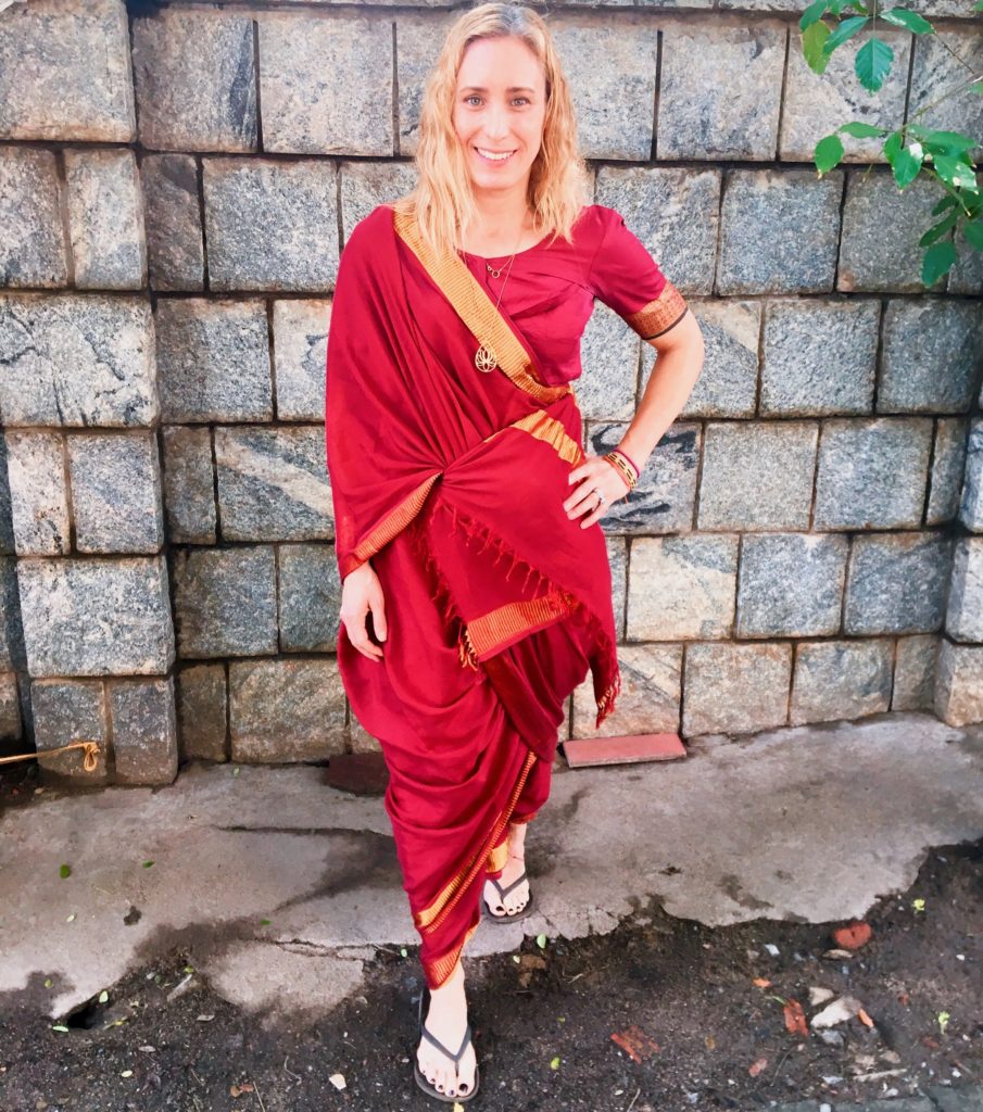 Merry Lerner wearing a red sari in Chennai, India