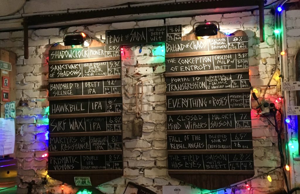 The beer menu at Burial Beer Co in Asheville North Carolina