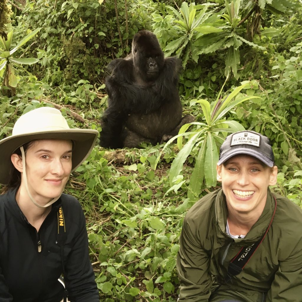 Merry Lerner and a friend with the gorillas in Volcanoes National Park, Rwanda