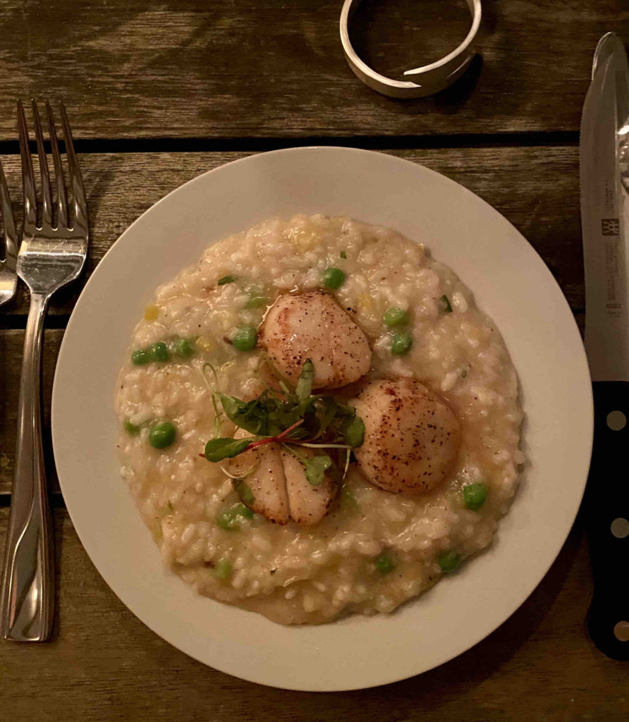 seared-scallops-risotto-appetizer-at-pandemic-birthday-dinner